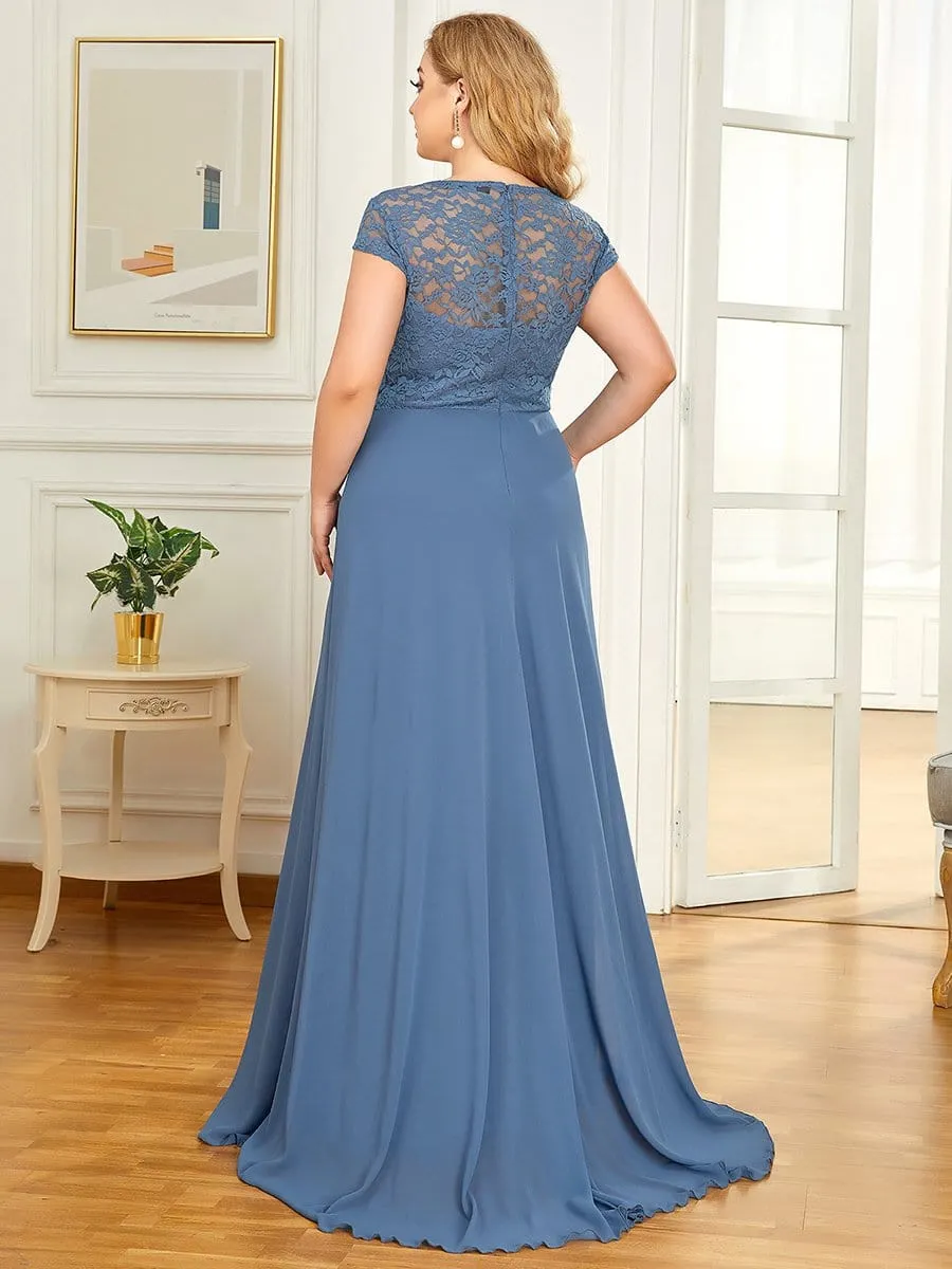 Plus Size Cap Sleeve Floral Lace Bodice Maxi Evening Dress