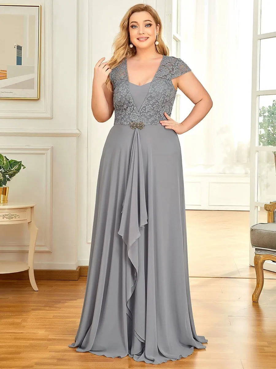 Plus Size Cap Sleeve Floral Lace Bodice Maxi Evening Dress