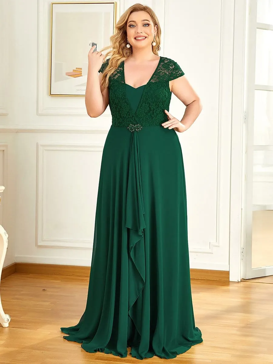 Plus Size Cap Sleeve Floral Lace Bodice Maxi Evening Dress