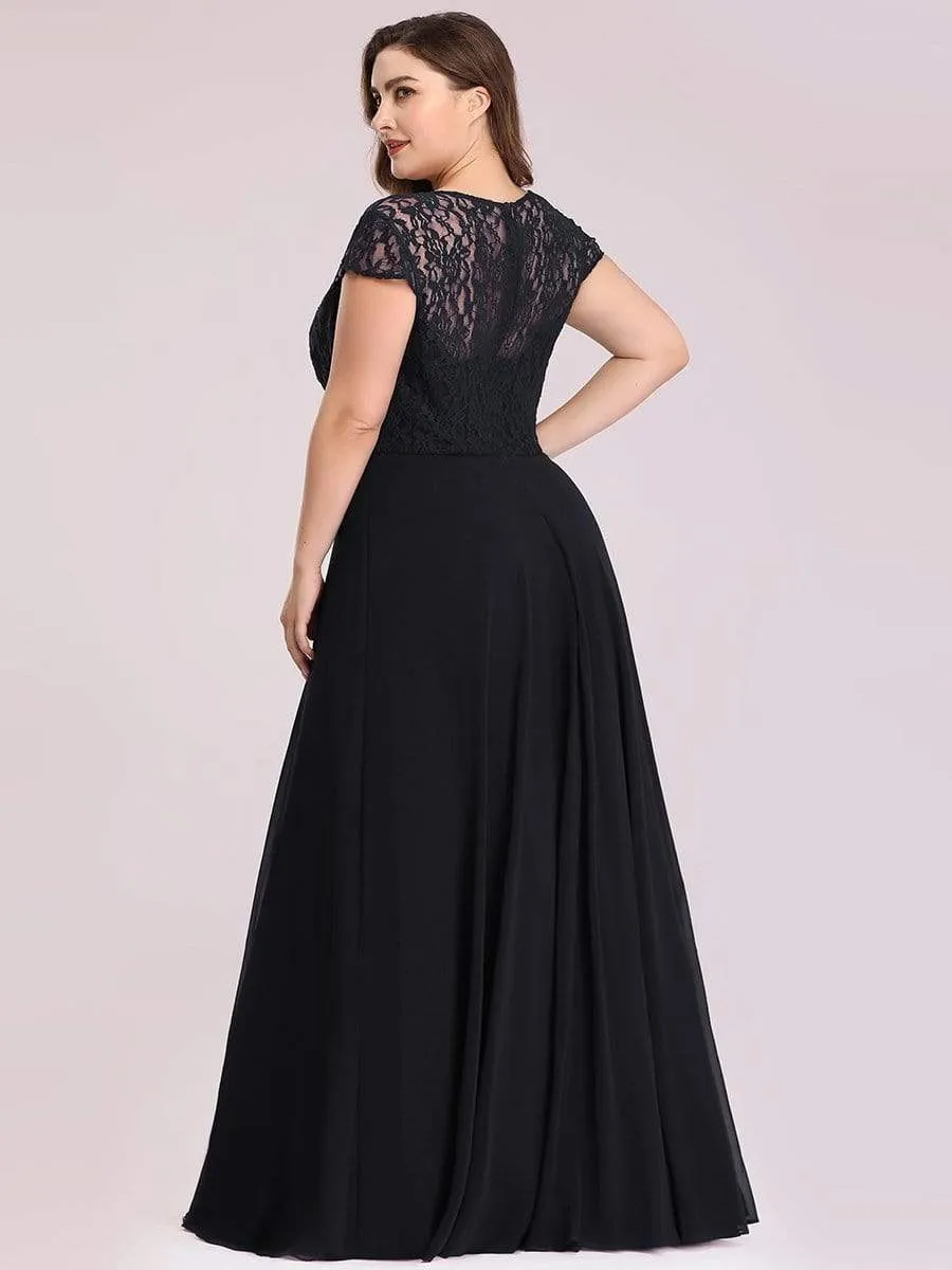 Plus Size Cap Sleeve Floral Lace Bodice Maxi Evening Dress