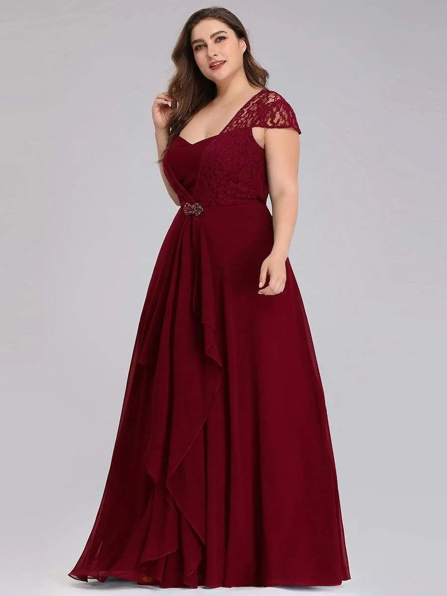 Plus Size Cap Sleeve Floral Lace Bodice Maxi Evening Dress