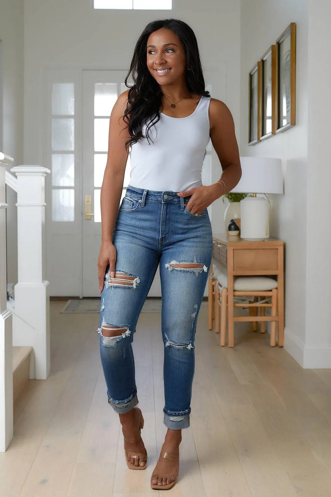 Plus Size Distressed High Waisted Straight Jeans