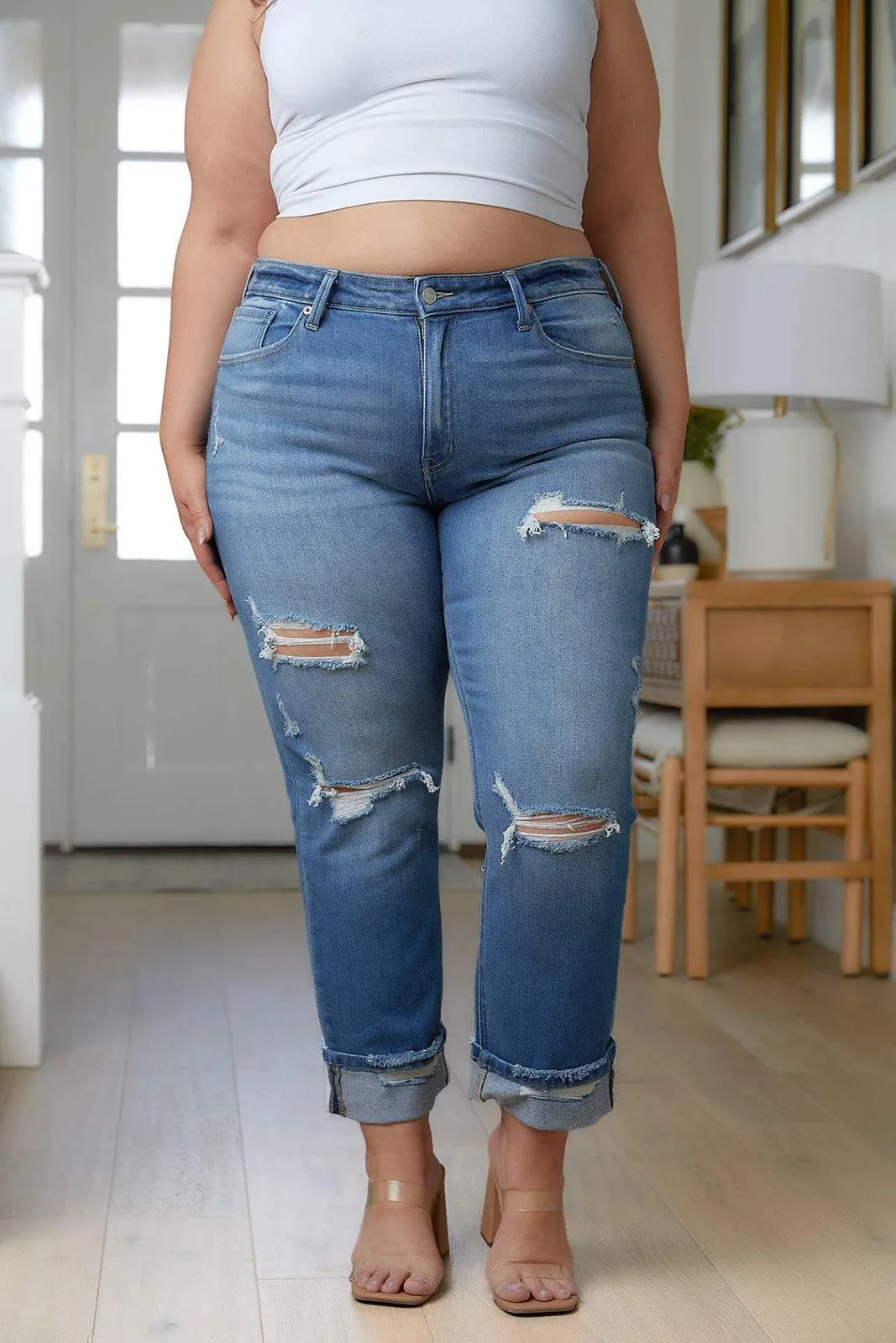 Plus Size Distressed High Waisted Straight Jeans