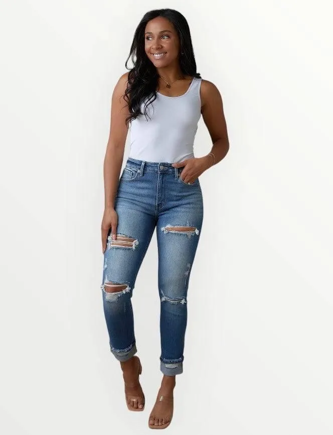 Plus Size Distressed High Waisted Straight Jeans