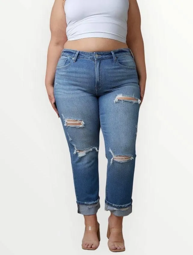 Plus Size Distressed High Waisted Straight Jeans