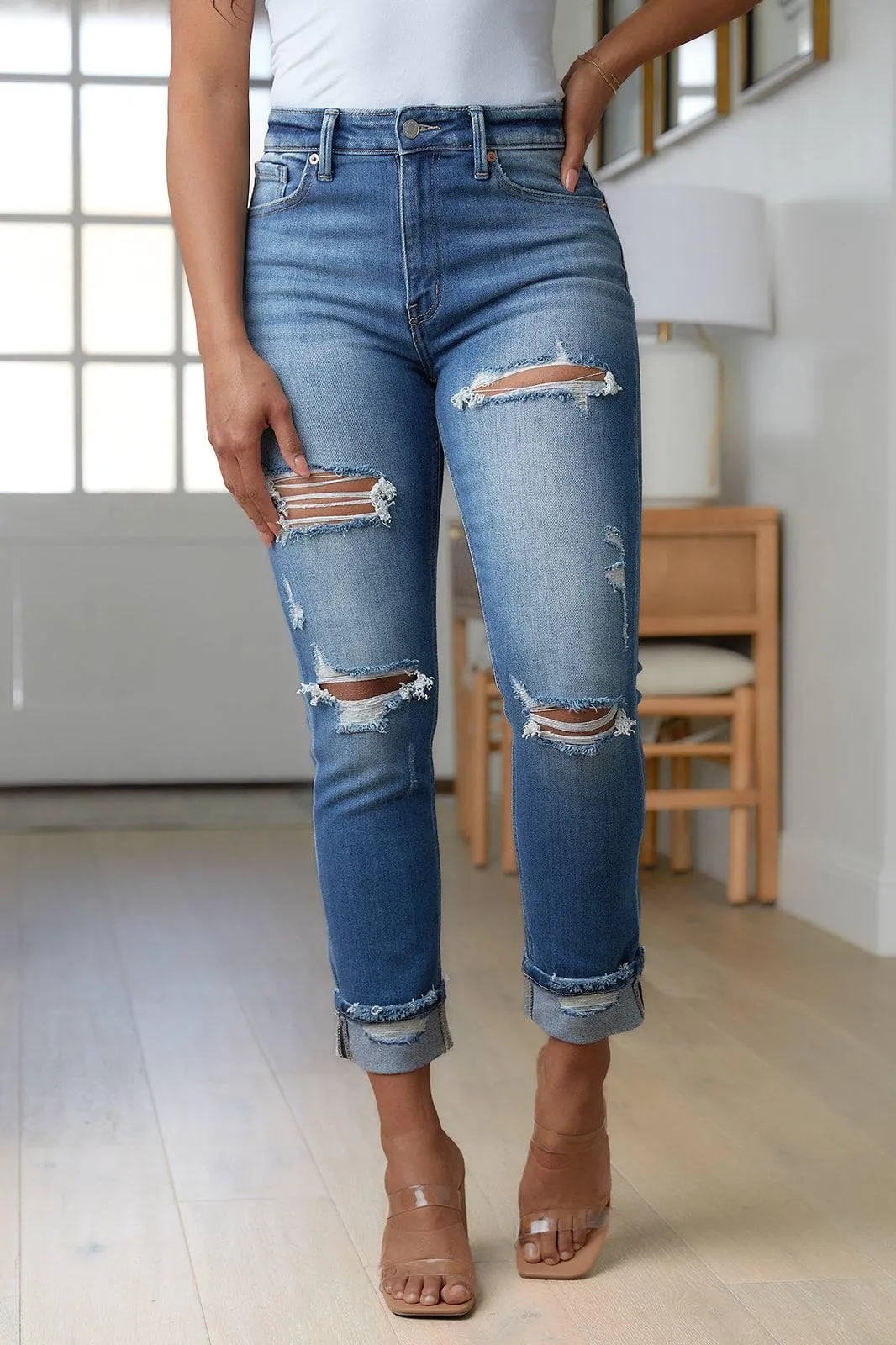 Plus Size Distressed High Waisted Straight Jeans