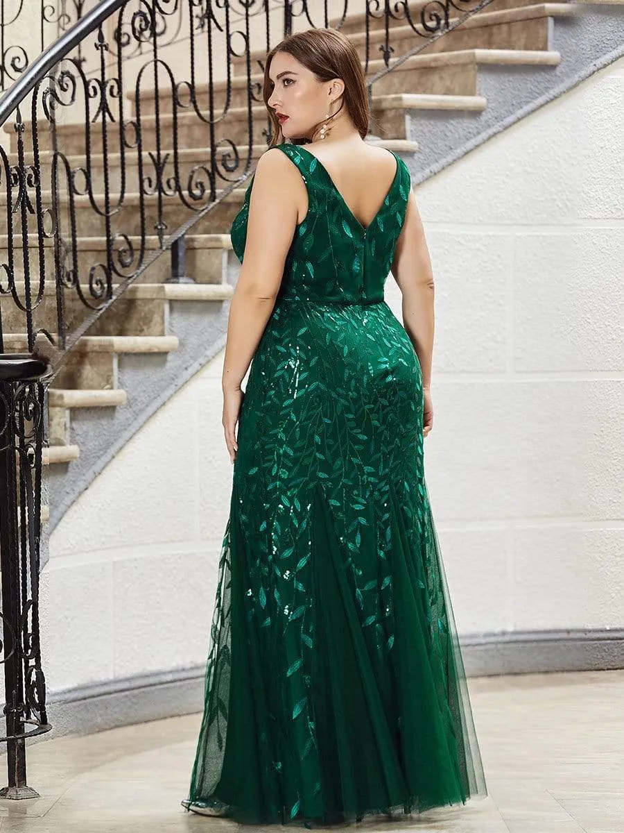 Plus Size Double V-Neck Fishtail Sequin Maxi Evening Dress