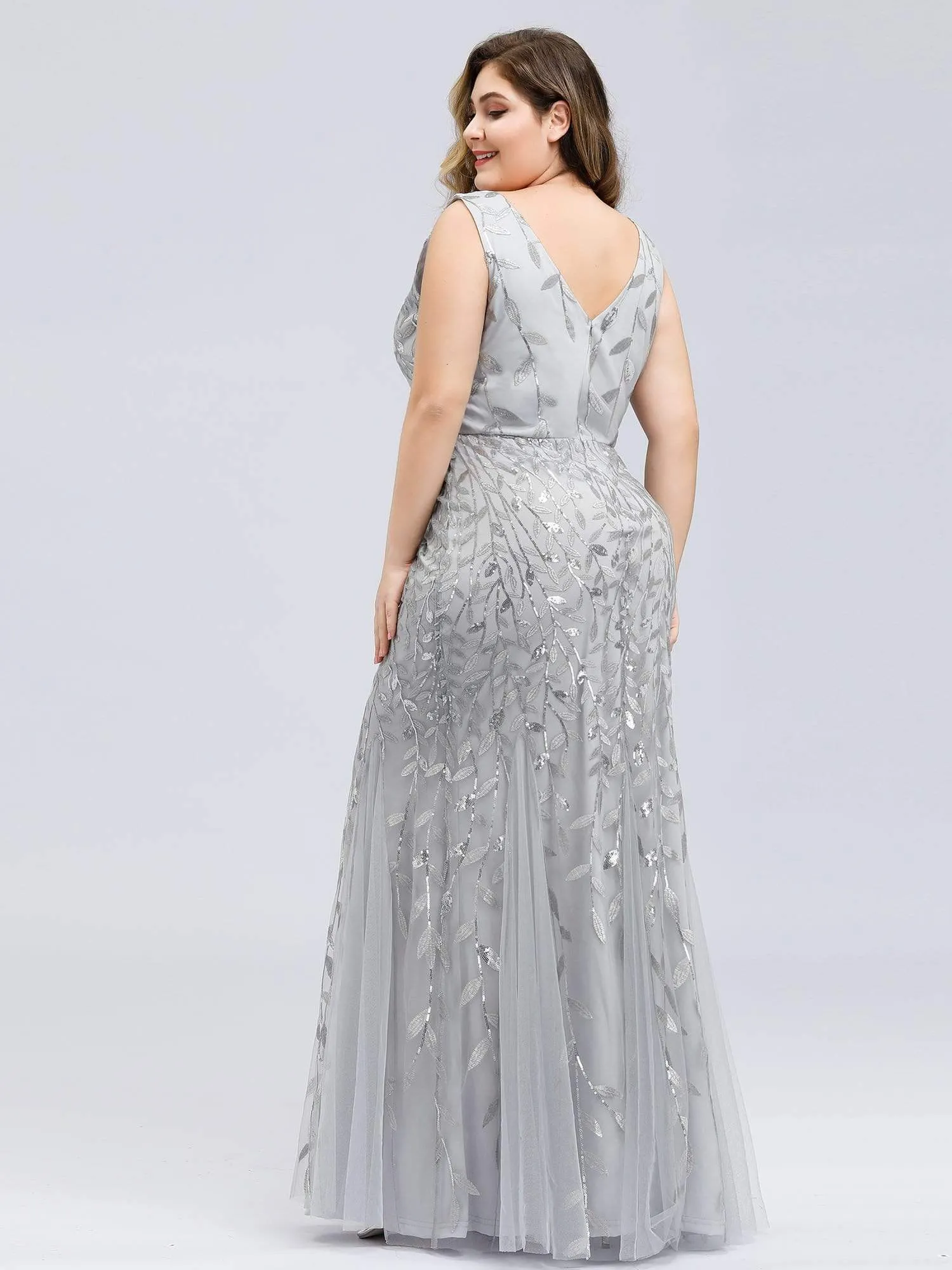 Plus Size Double V-Neck Fishtail Sequin Maxi Evening Dress