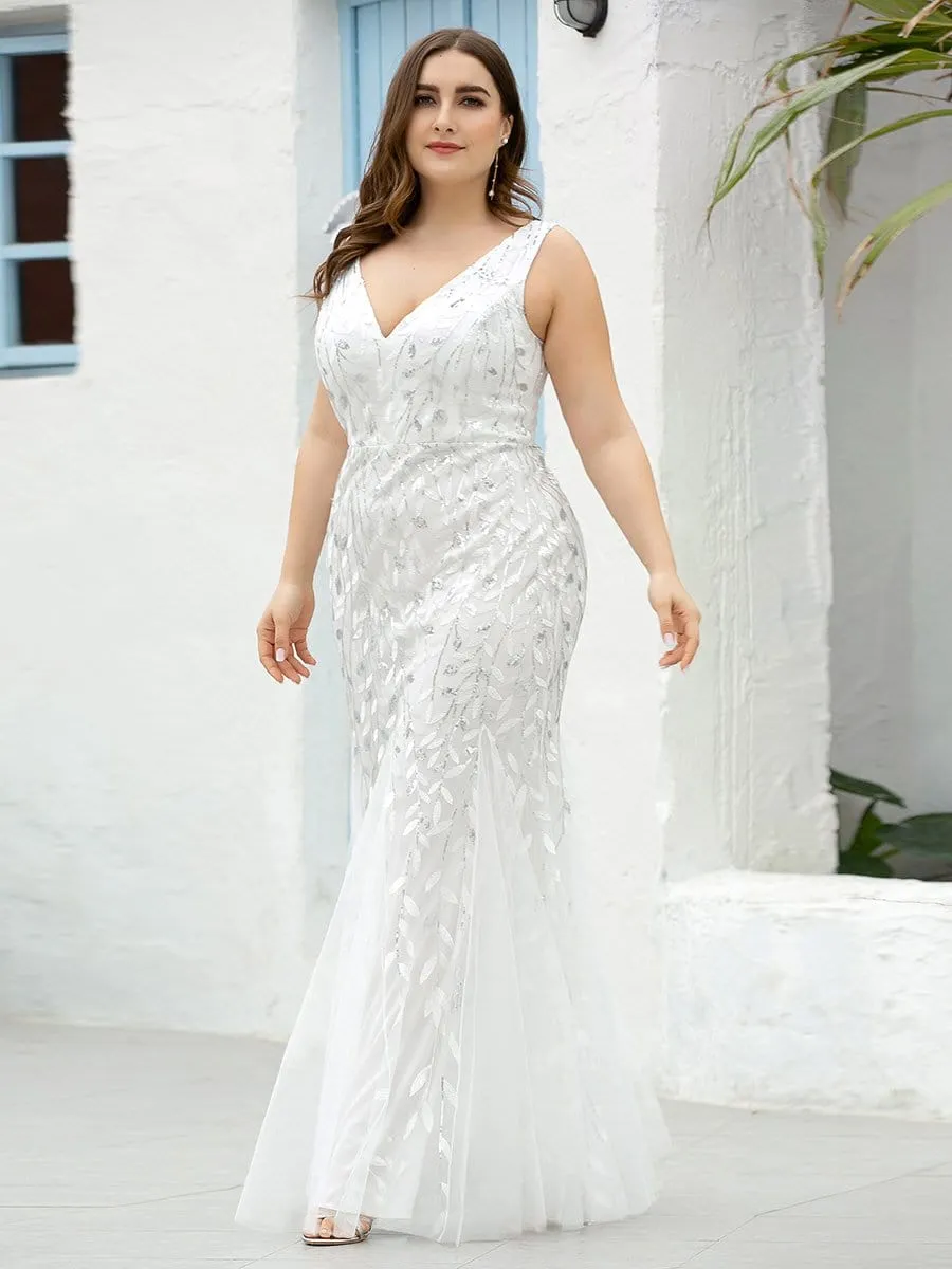 Plus Size Double V-Neck Fishtail Sequin Maxi Evening Dress