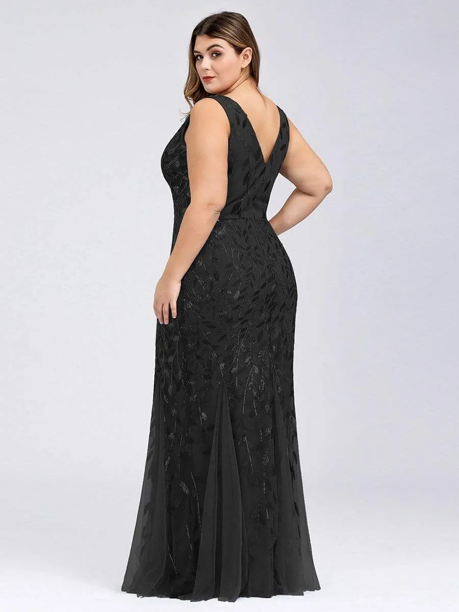 Plus Size Double V-Neck Fishtail Sequin Maxi Evening Dress