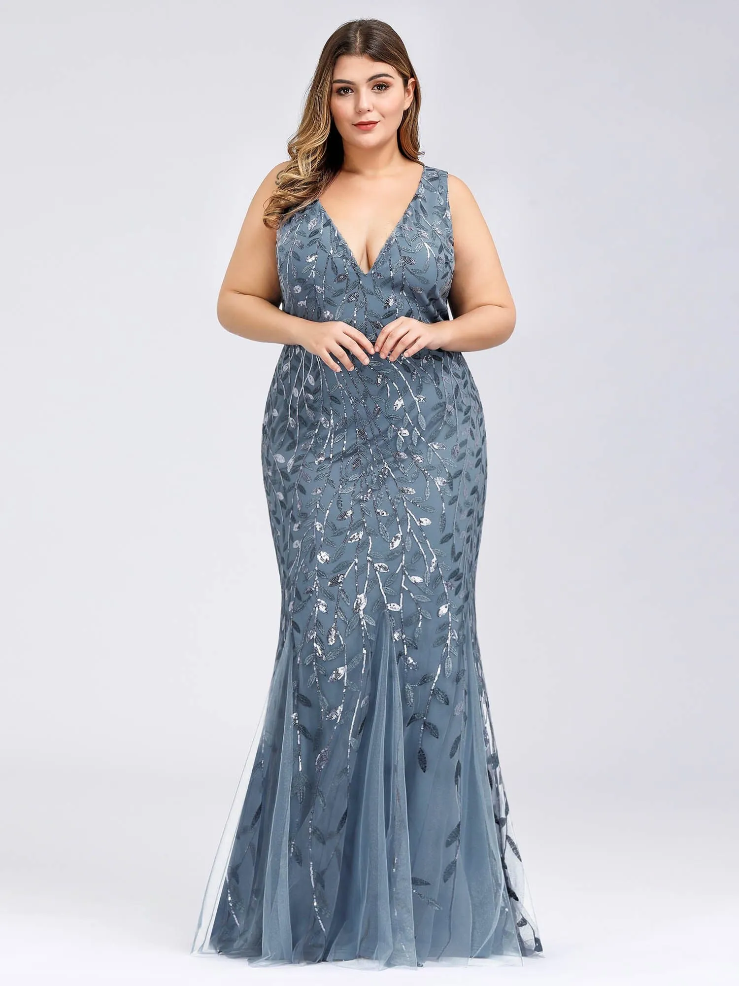 Plus Size Double V-Neck Fishtail Sequin Maxi Evening Dress