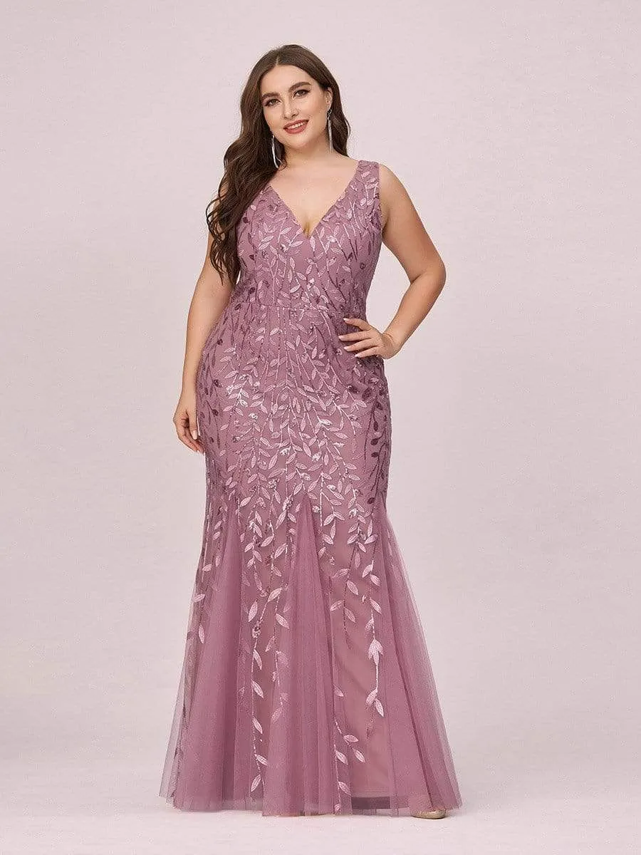 Plus Size Double V-Neck Fishtail Sequin Maxi Evening Dress