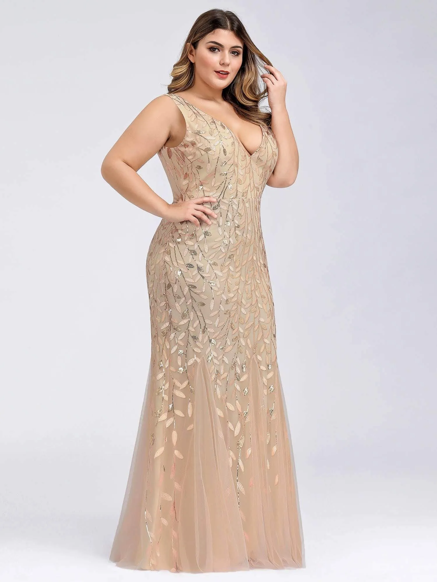 Plus Size Double V-Neck Fishtail Sequin Maxi Evening Dress