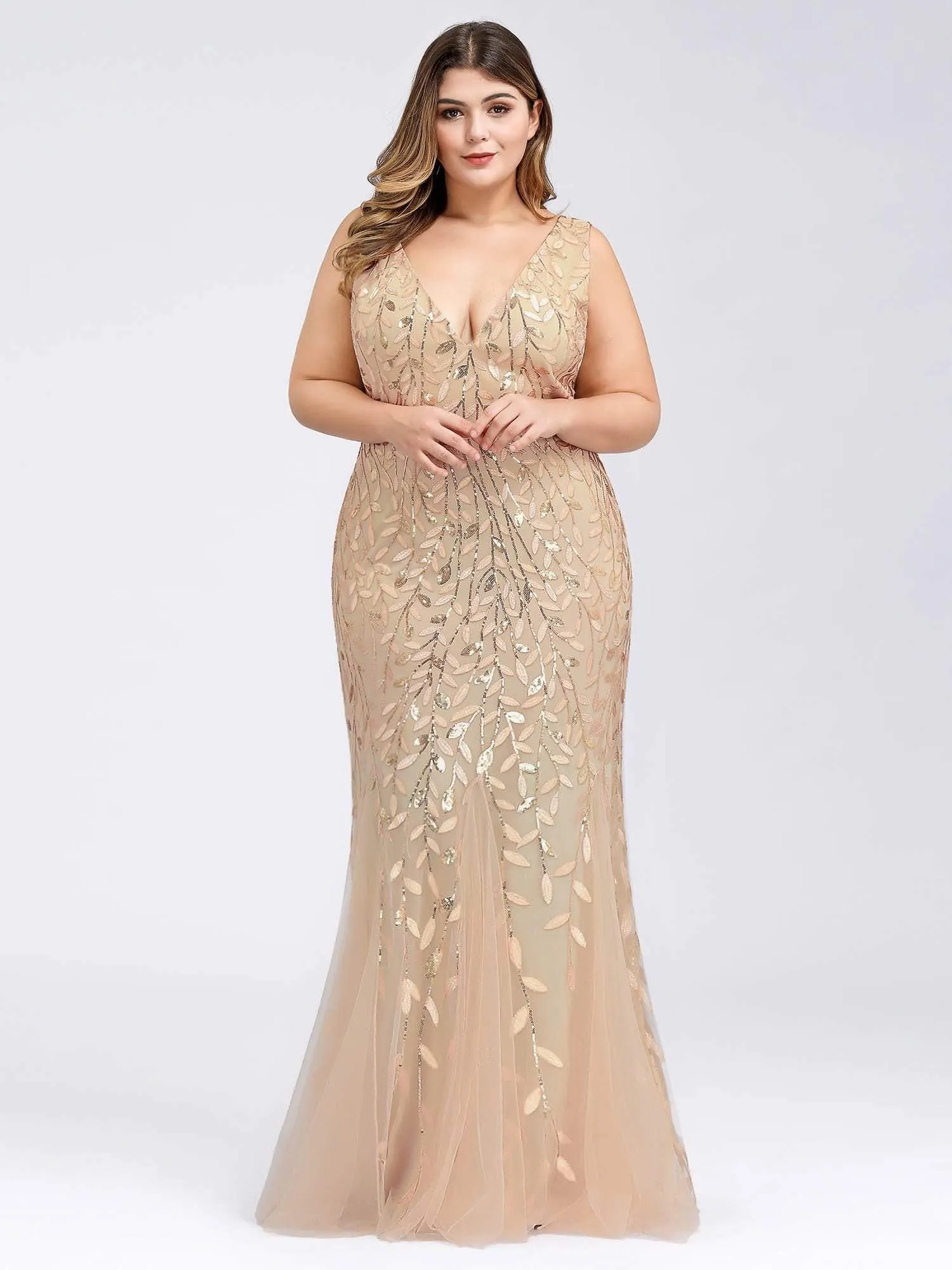 Plus Size Double V-Neck Fishtail Sequin Maxi Evening Dress