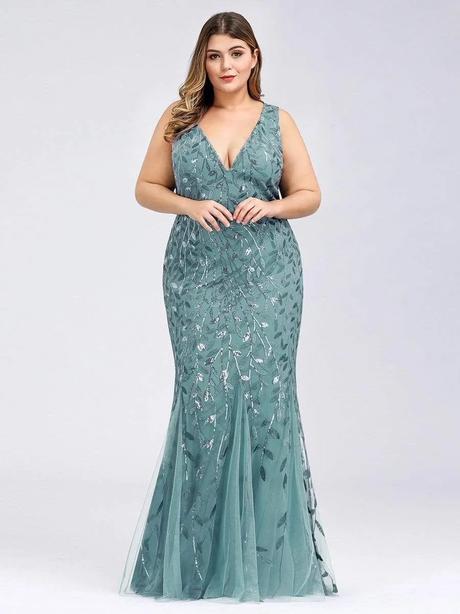 Plus Size Double V-Neck Fishtail Sequin Maxi Evening Dress