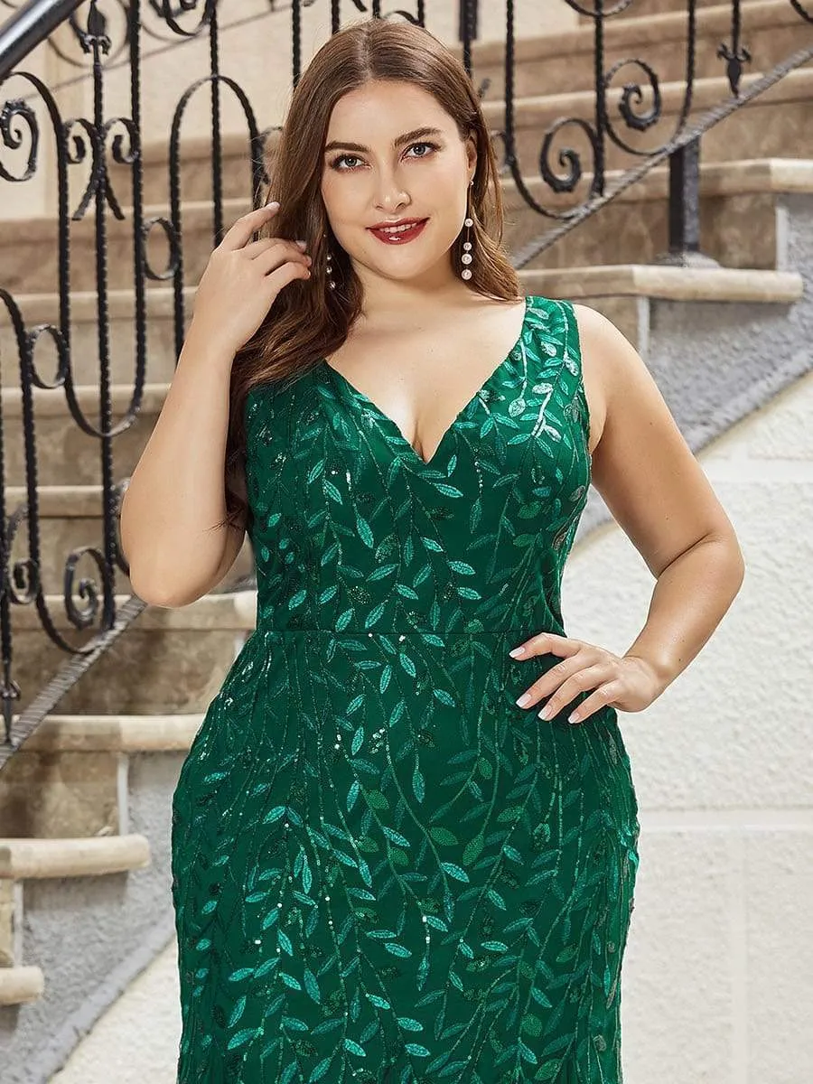 Plus Size Double V-Neck Fishtail Sequin Maxi Evening Dress