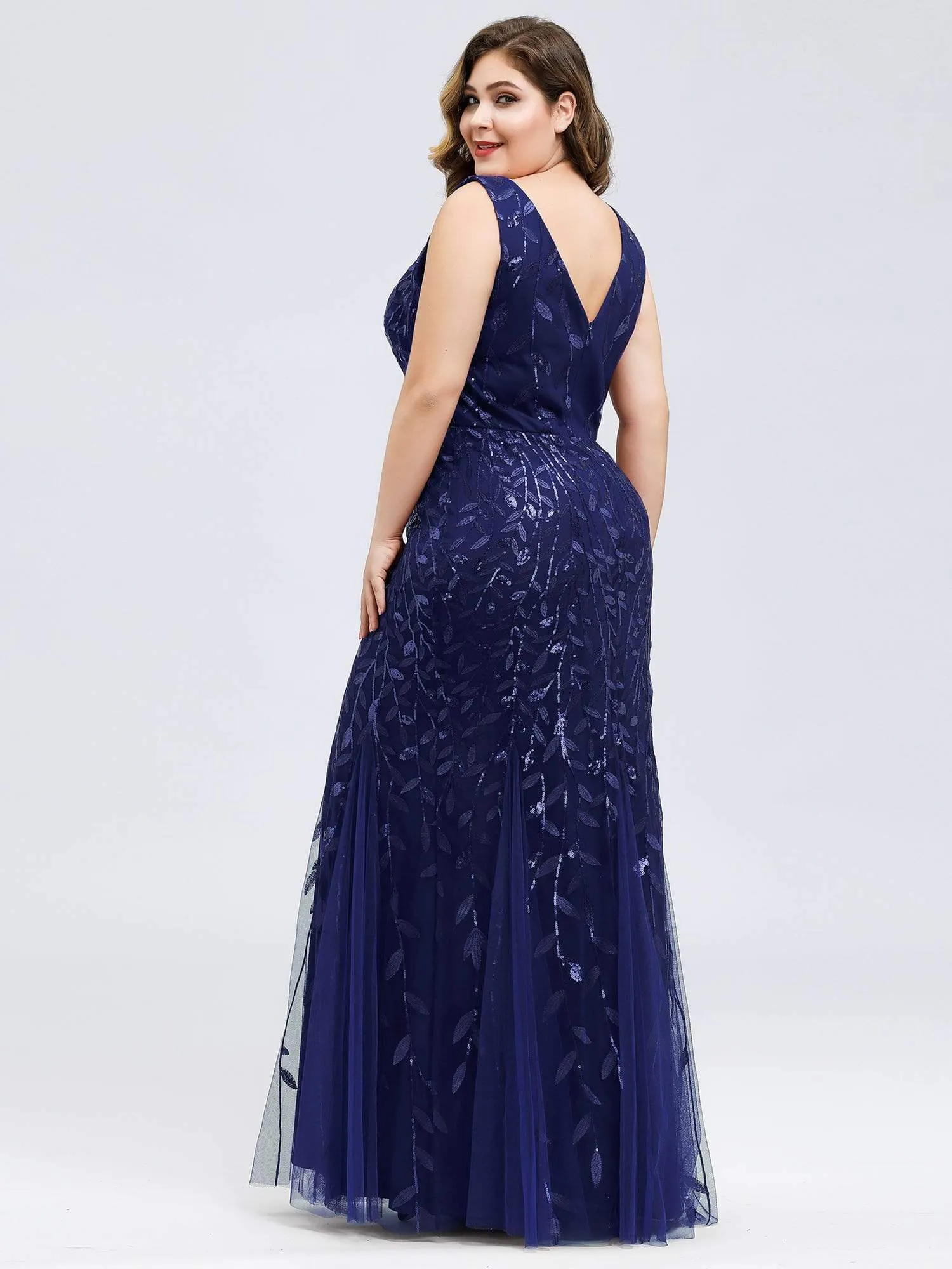 Plus Size Double V-Neck Fishtail Sequin Maxi Evening Dress