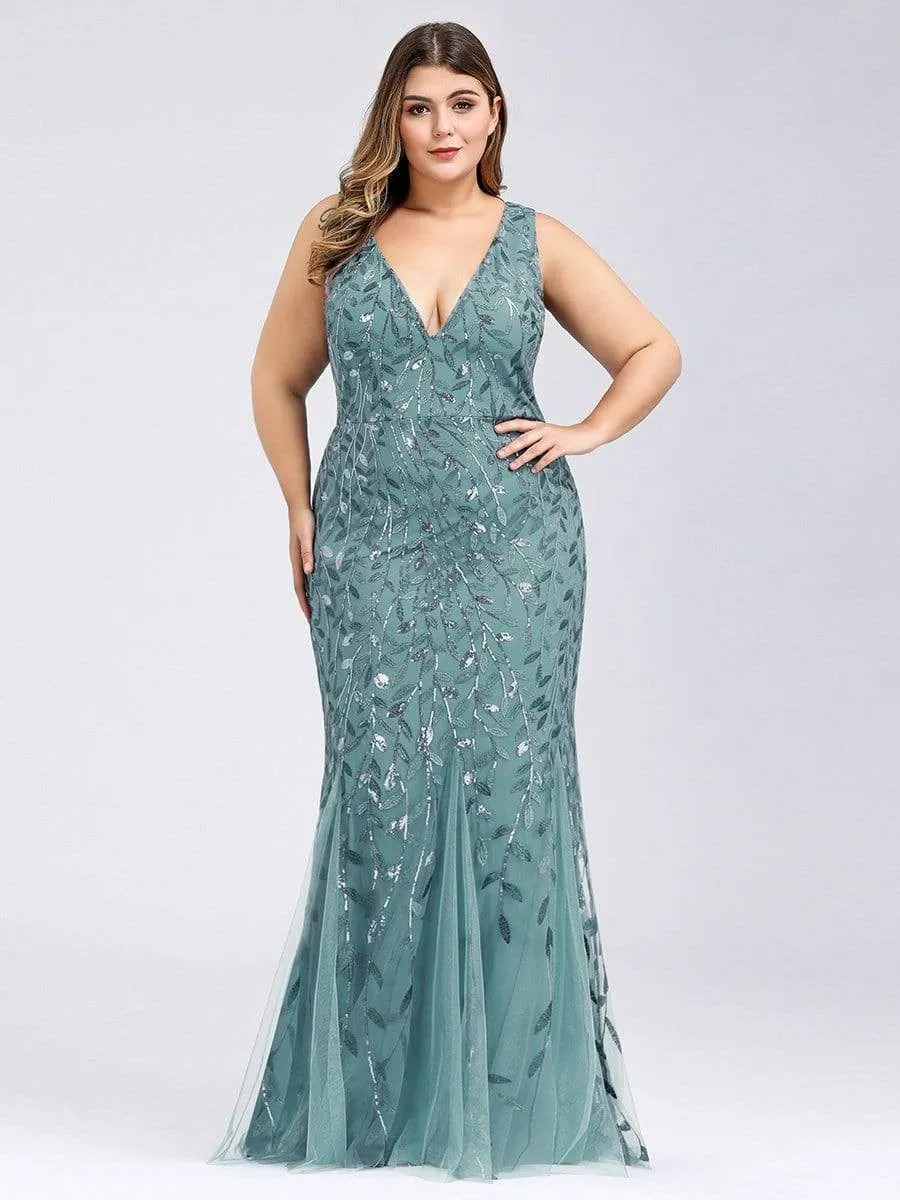 Plus Size Double V-Neck Fishtail Sequin Maxi Evening Dress