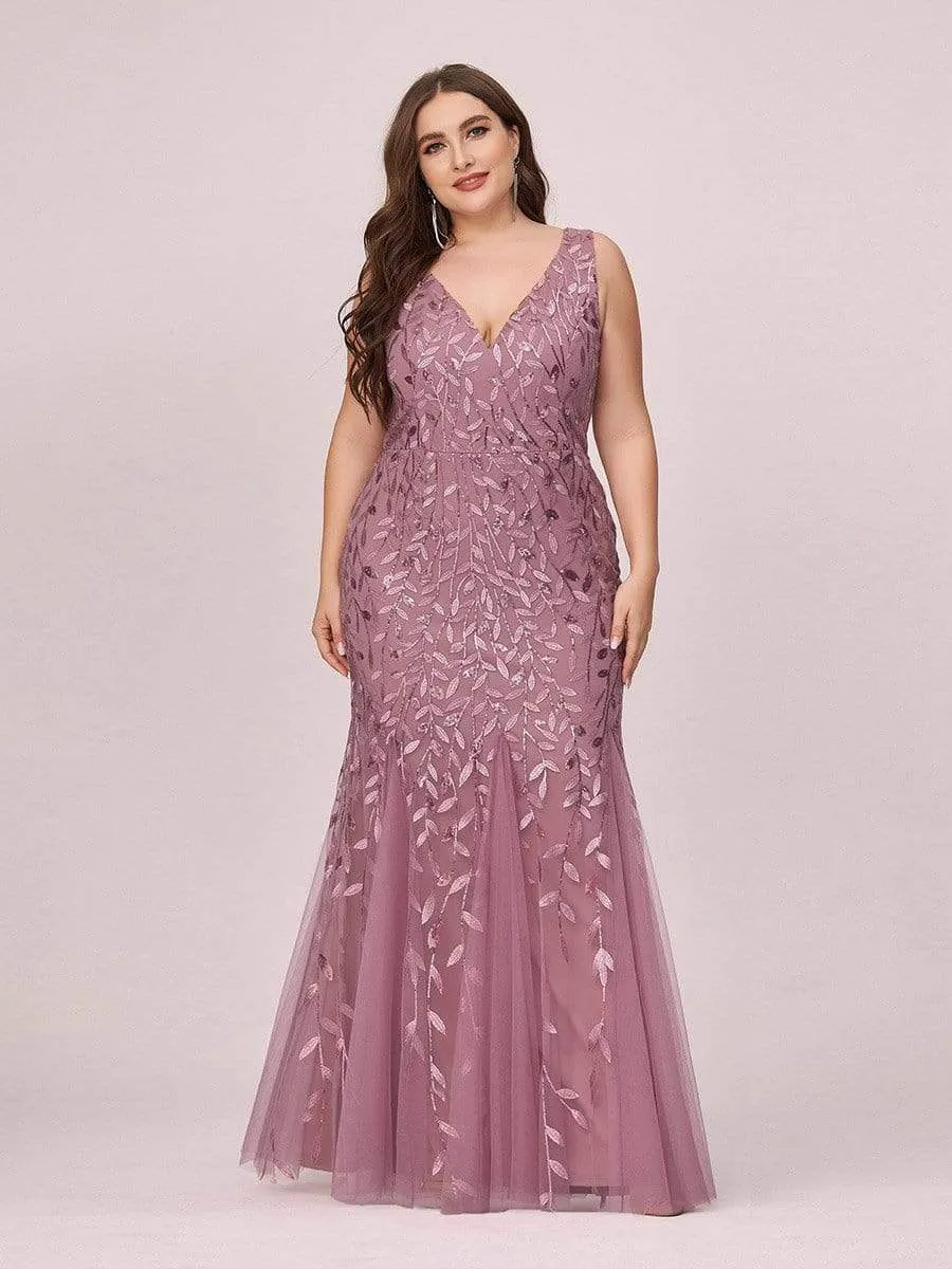 Plus Size Double V-Neck Fishtail Sequin Maxi Evening Dress