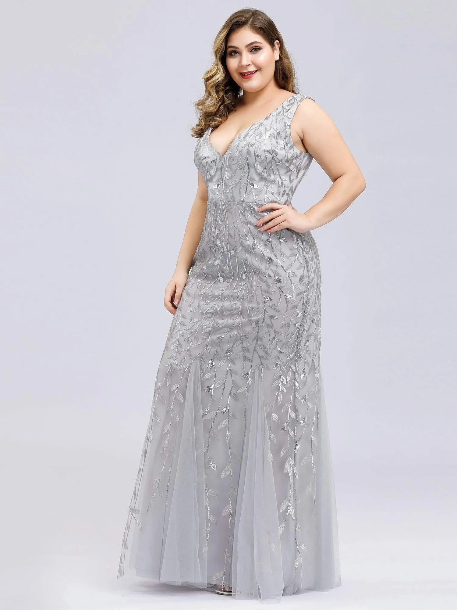 Plus Size Double V-Neck Fishtail Sequin Maxi Evening Dress