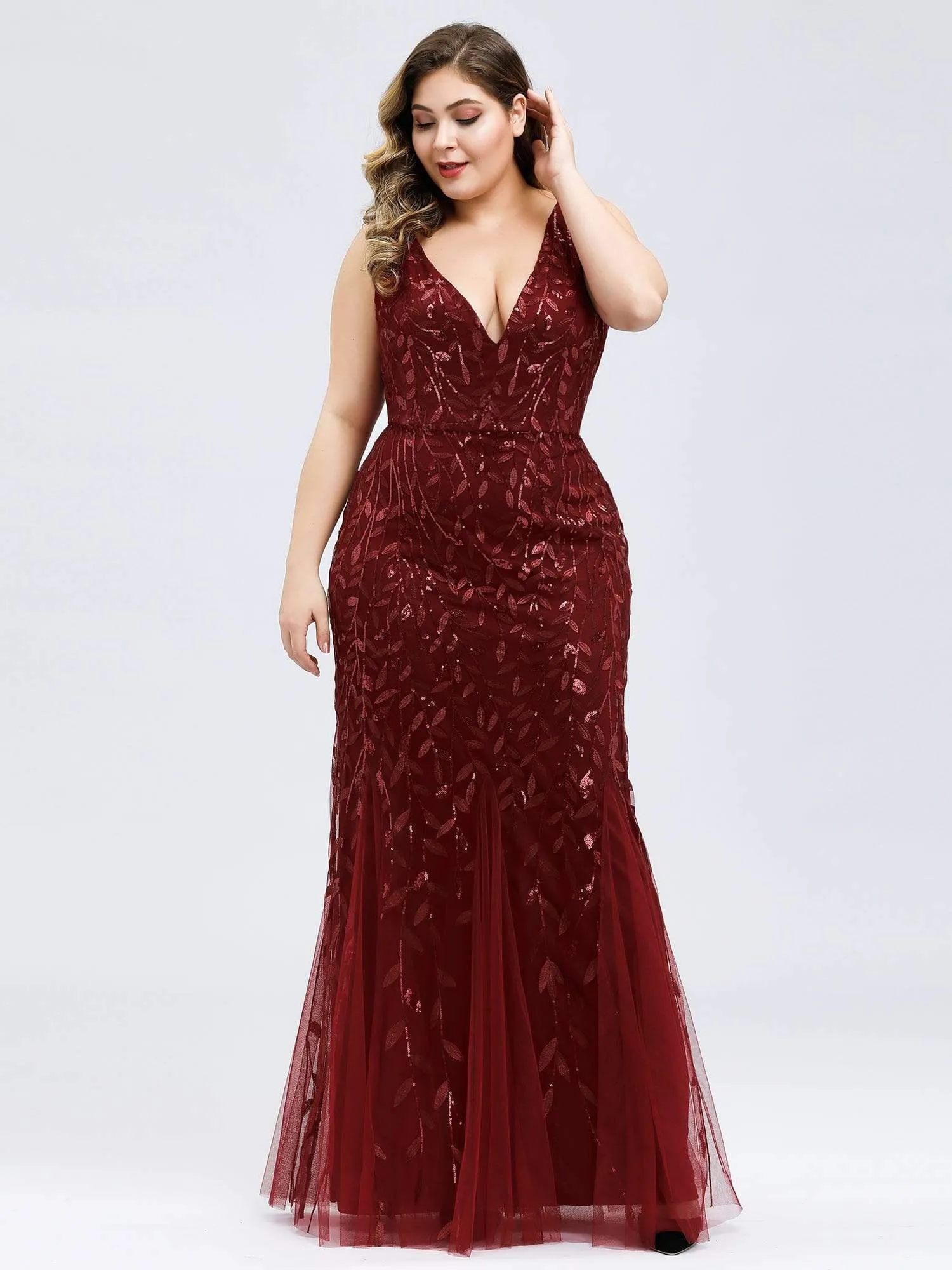 Plus Size Double V-Neck Fishtail Sequin Maxi Evening Dress