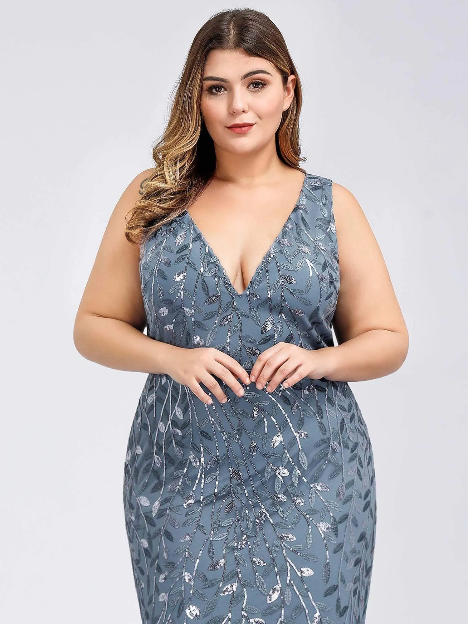 Plus Size Double V-Neck Fishtail Sequin Maxi Evening Dress