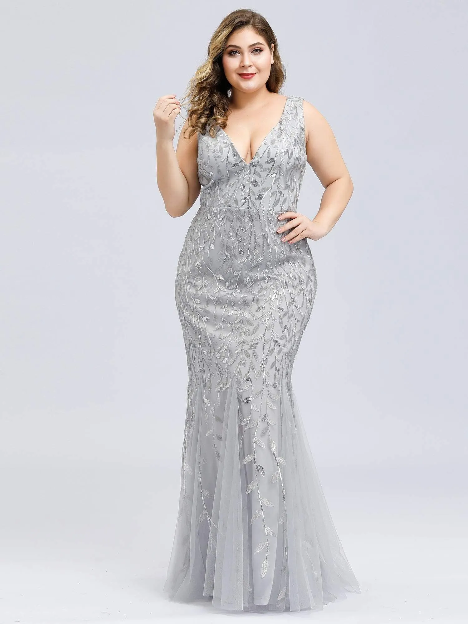 Plus Size Double V-Neck Fishtail Sequin Maxi Evening Dress