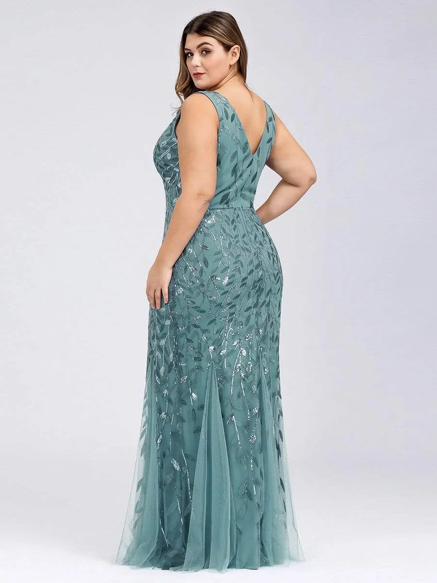 Plus Size Double V-Neck Fishtail Sequin Maxi Evening Dress