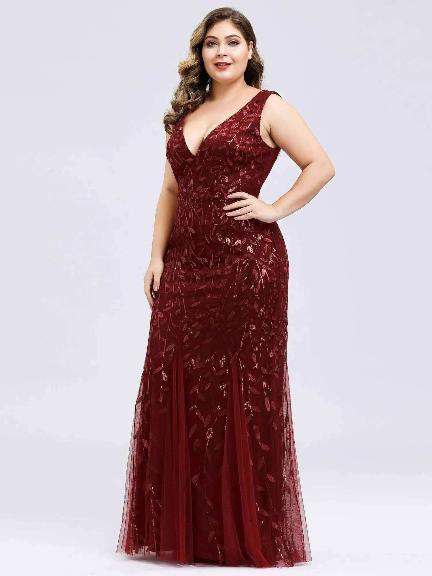 Plus Size Double V-Neck Fishtail Sequin Maxi Evening Dress