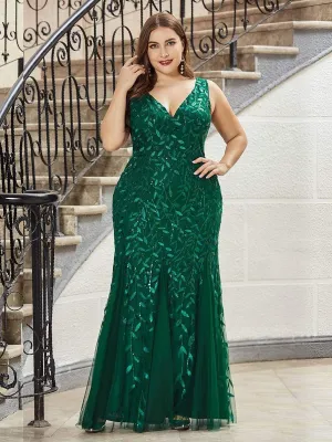 Plus Size Double V-Neck Fishtail Sequin Maxi Evening Dress