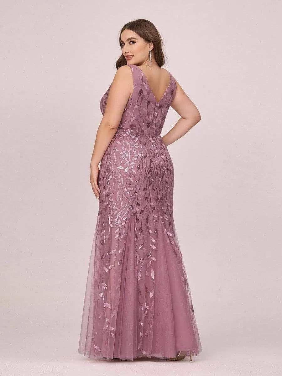 Plus Size Double V-Neck Fishtail Sequin Maxi Evening Dress