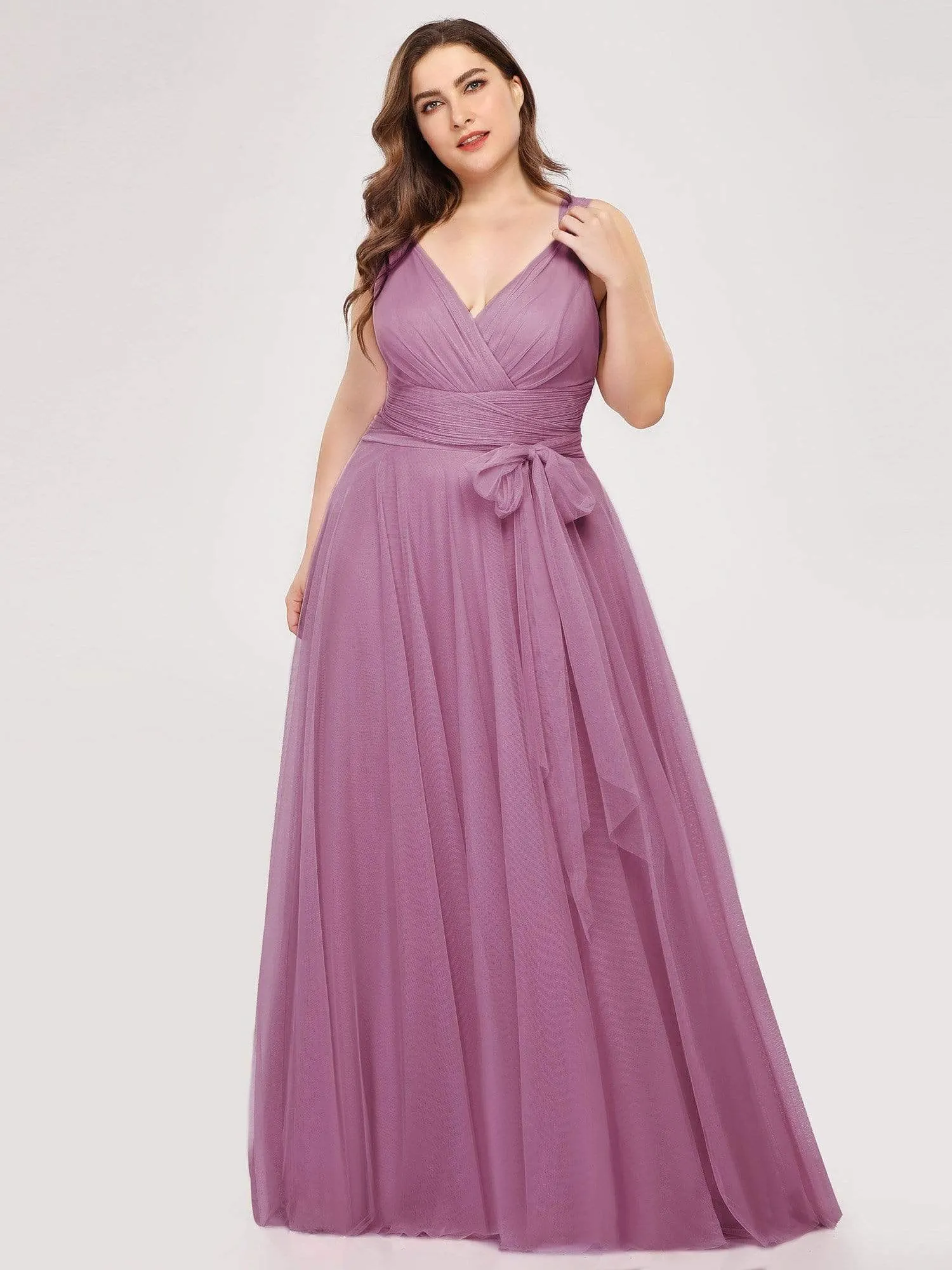 Plus Size Double V Neck Maxi Tulle Bridesmaid Dress