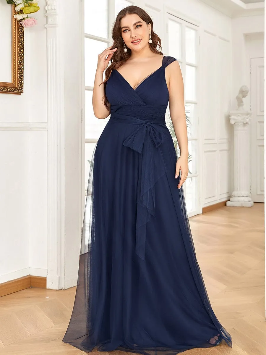 Plus Size Double V Neck Maxi Tulle Bridesmaid Dress