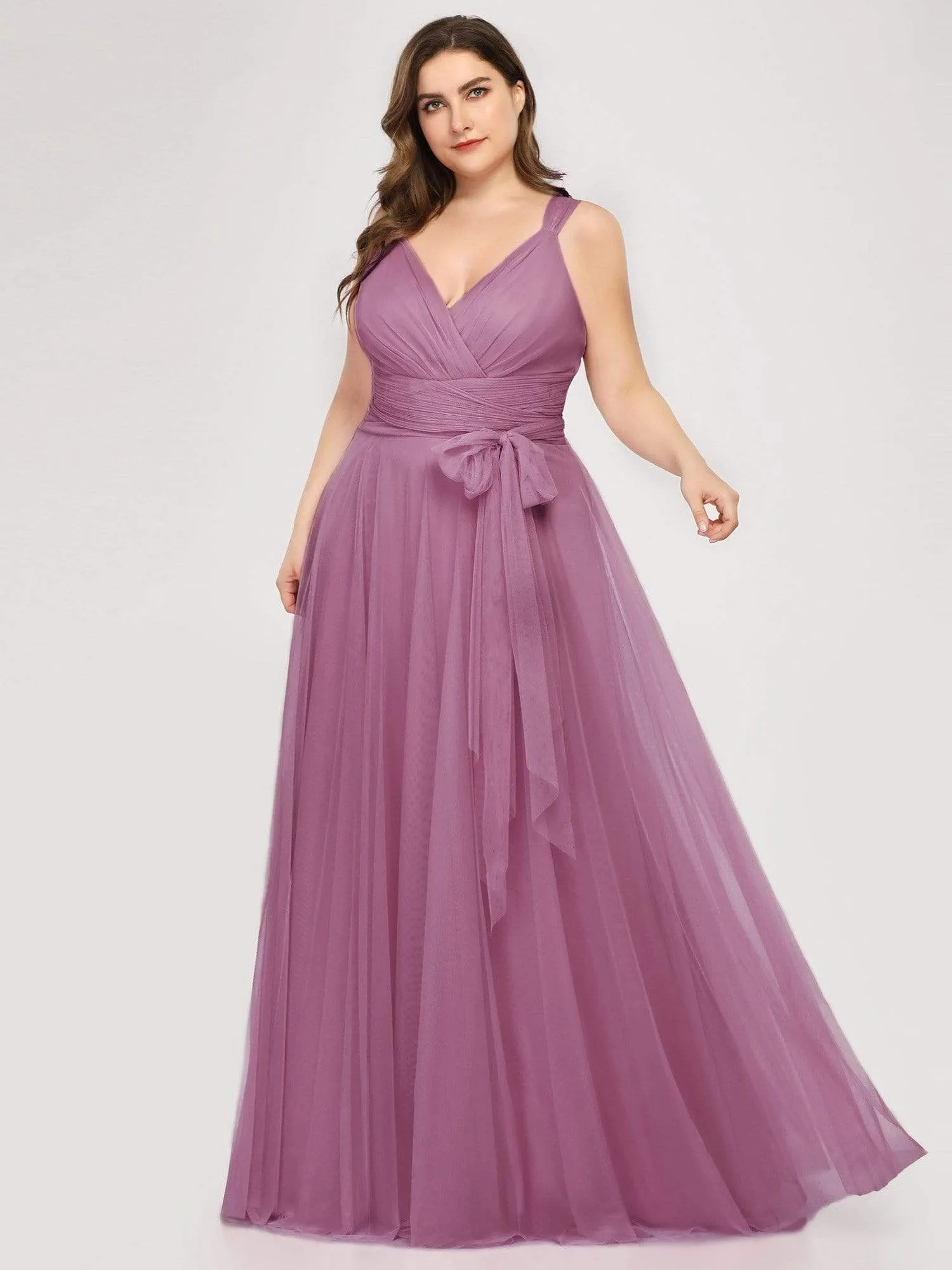 Plus Size Double V Neck Maxi Tulle Bridesmaid Dress