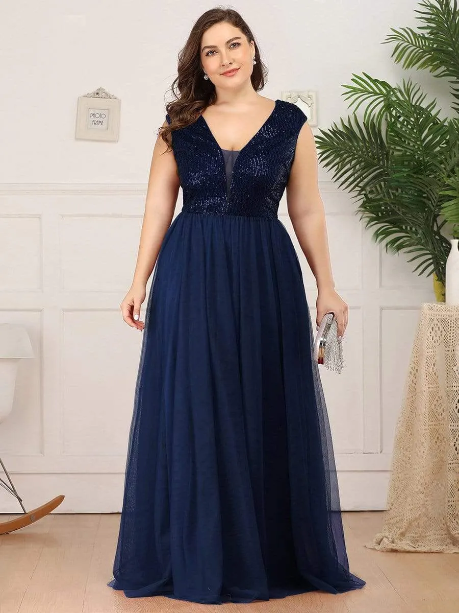 Plus Size Maxi Long Sequin Prom Dress with Cap Sleeve