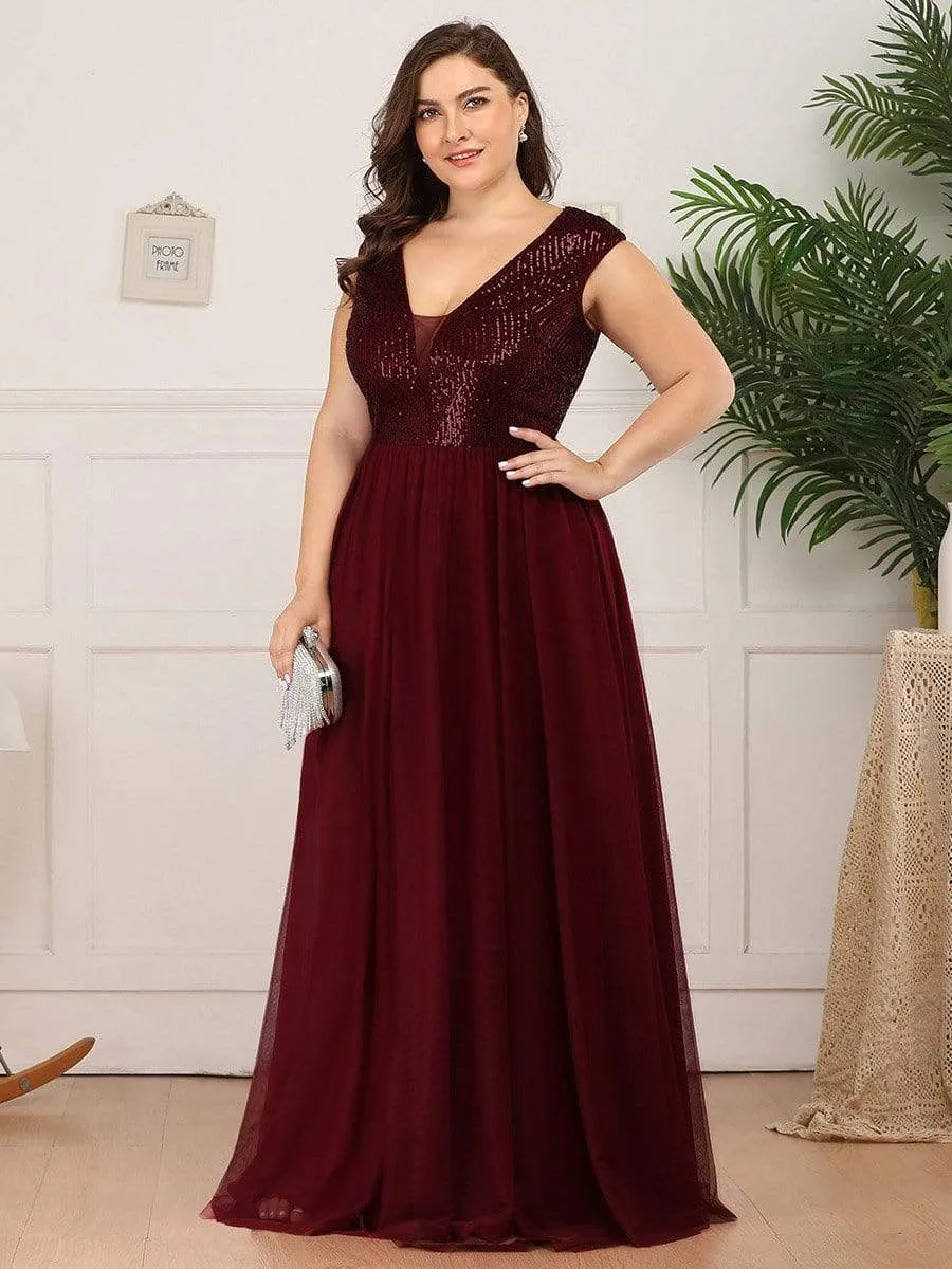 Plus Size Maxi Long Sequin Prom Dress with Cap Sleeve