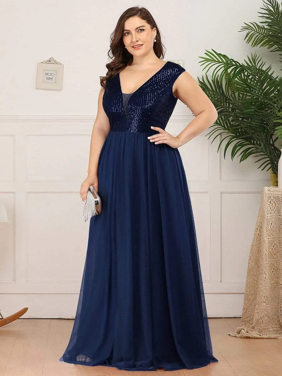 Plus Size Maxi Long Sequin Prom Dress with Cap Sleeve