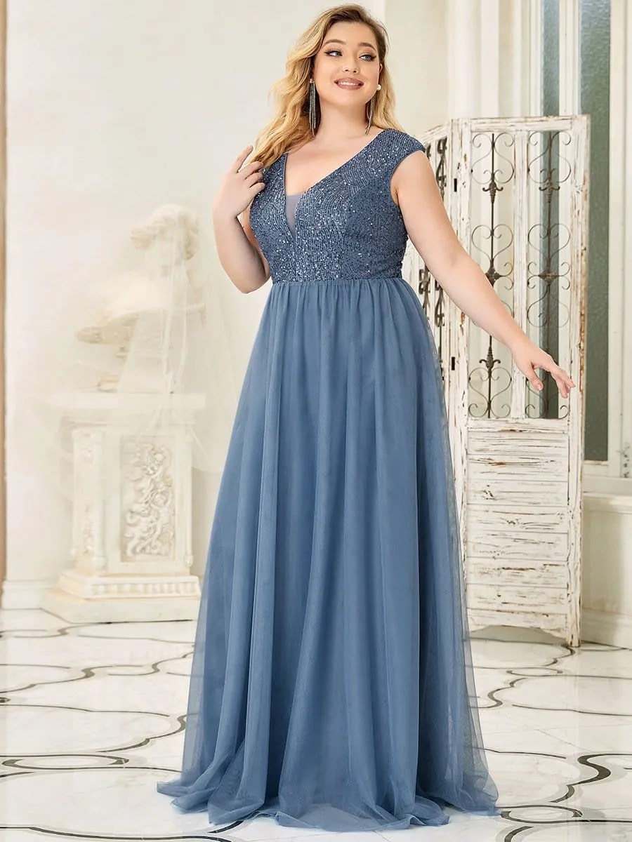 Plus Size Maxi Long Sequin Prom Dress with Cap Sleeve