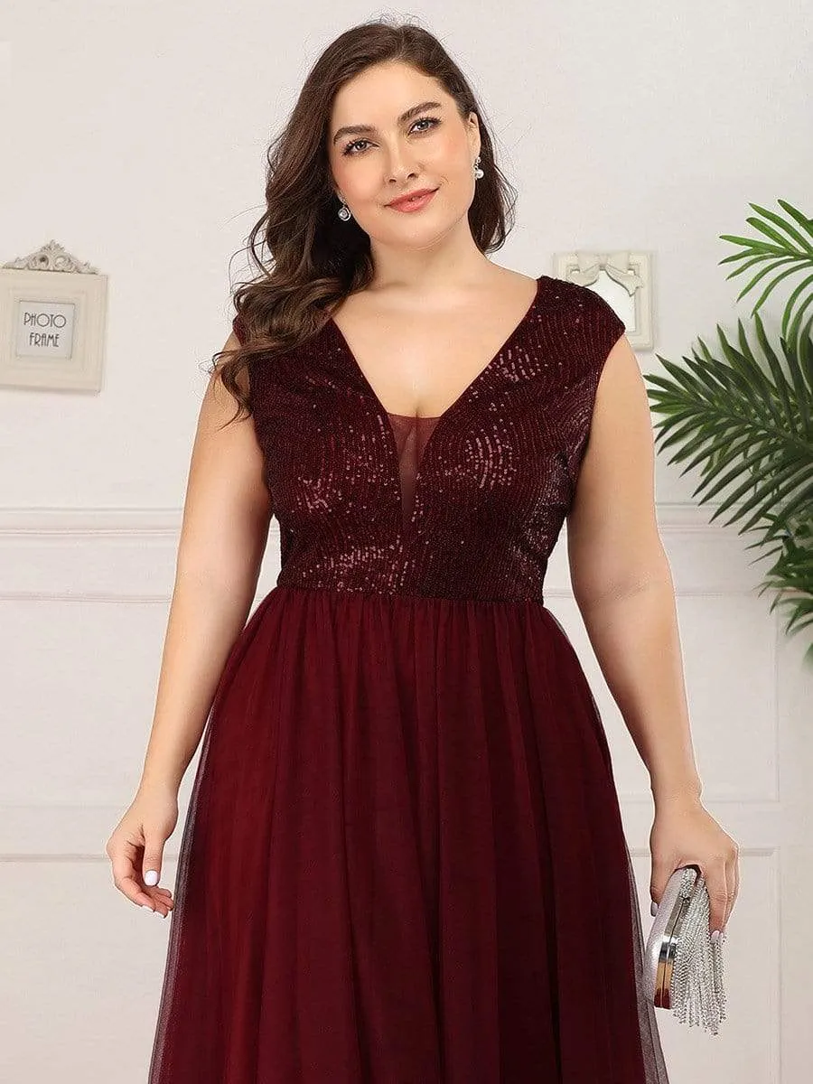 Plus Size Maxi Long Sequin Prom Dress with Cap Sleeve