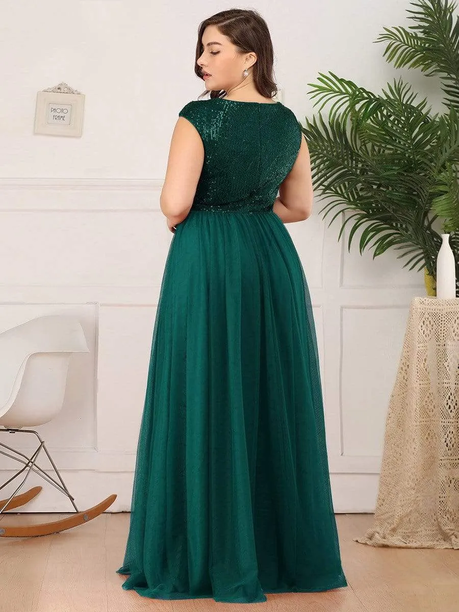 Plus Size Maxi Long Sequin Prom Dress with Cap Sleeve