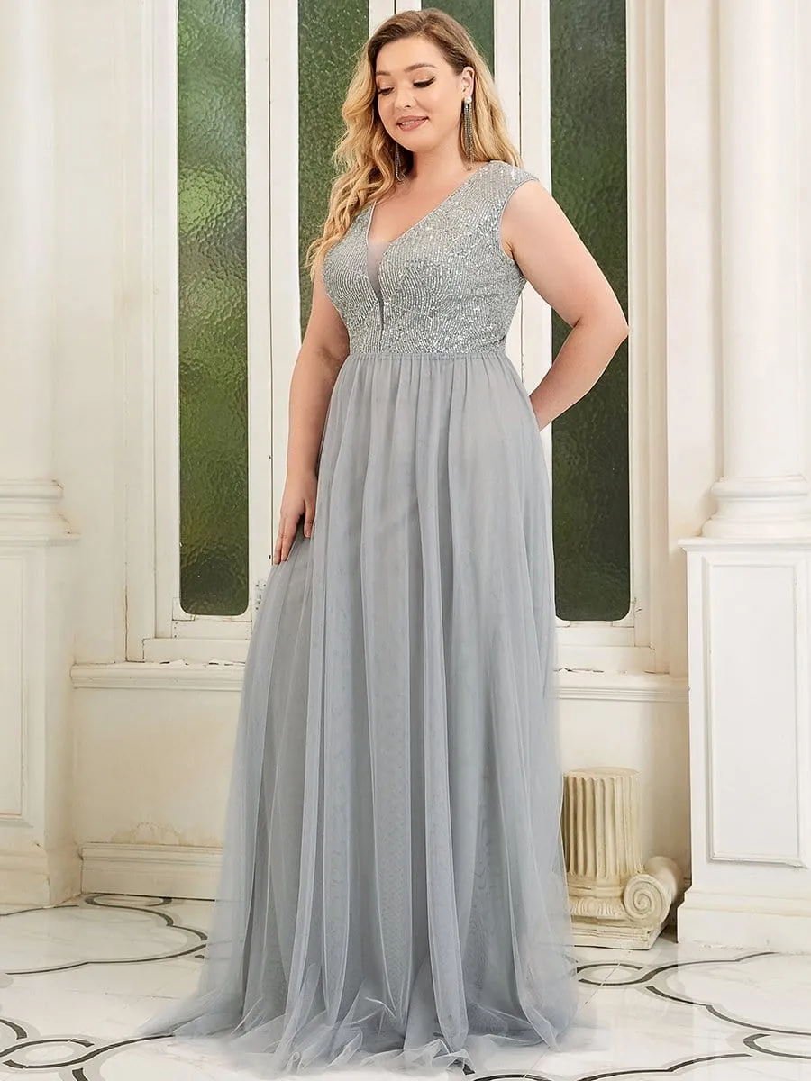 Plus Size Maxi Long Sequin Prom Dress with Cap Sleeve