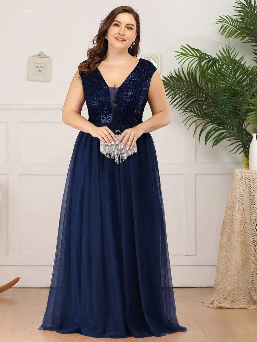 Plus Size Maxi Long Sequin Prom Dress with Cap Sleeve