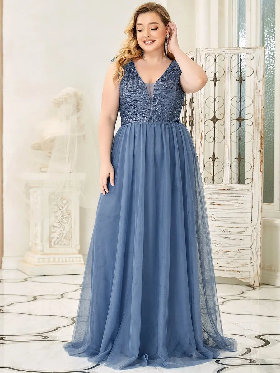 Plus Size Maxi Long Sequin Prom Dress with Cap Sleeve