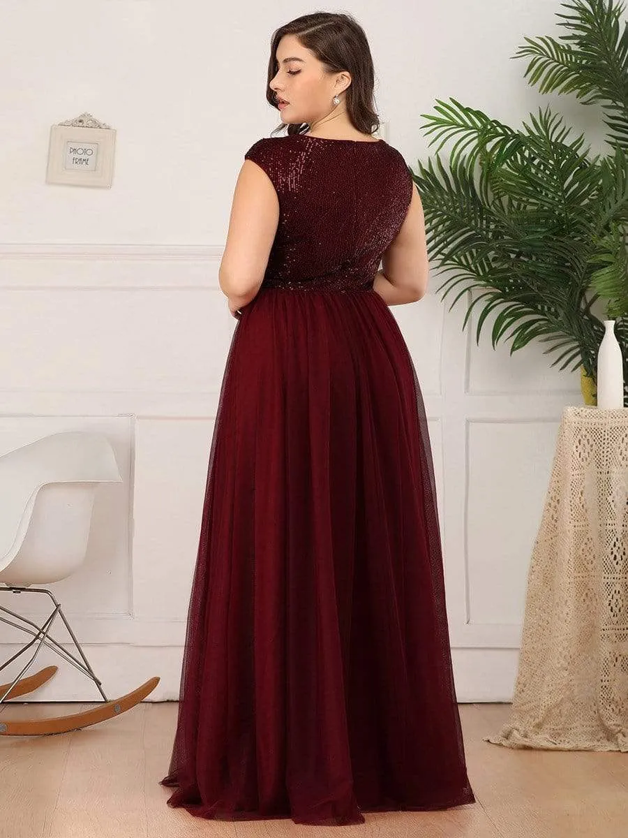 Plus Size Maxi Long Sequin Prom Dress with Cap Sleeve