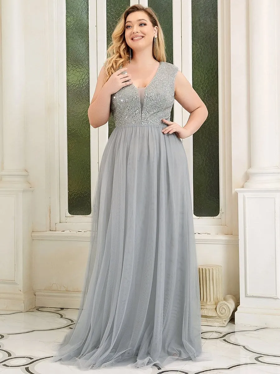 Plus Size Maxi Long Sequin Prom Dress with Cap Sleeve