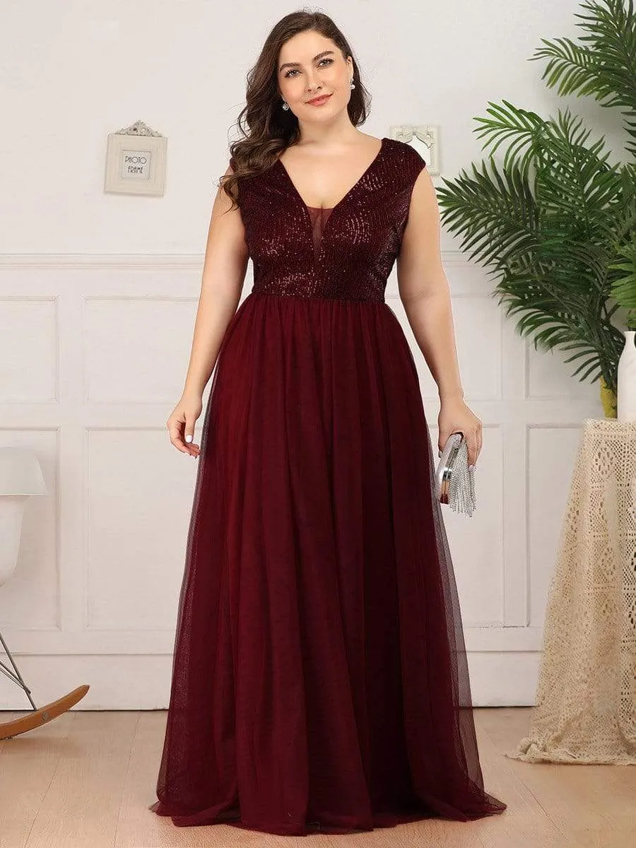 Plus Size Maxi Long Sequin Prom Dress with Cap Sleeve