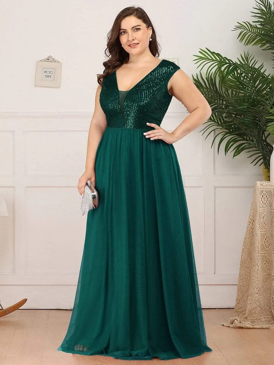 Plus Size Maxi Long Sequin Prom Dress with Cap Sleeve