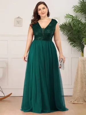 Plus Size Maxi Long Sequin Prom Dress with Cap Sleeve