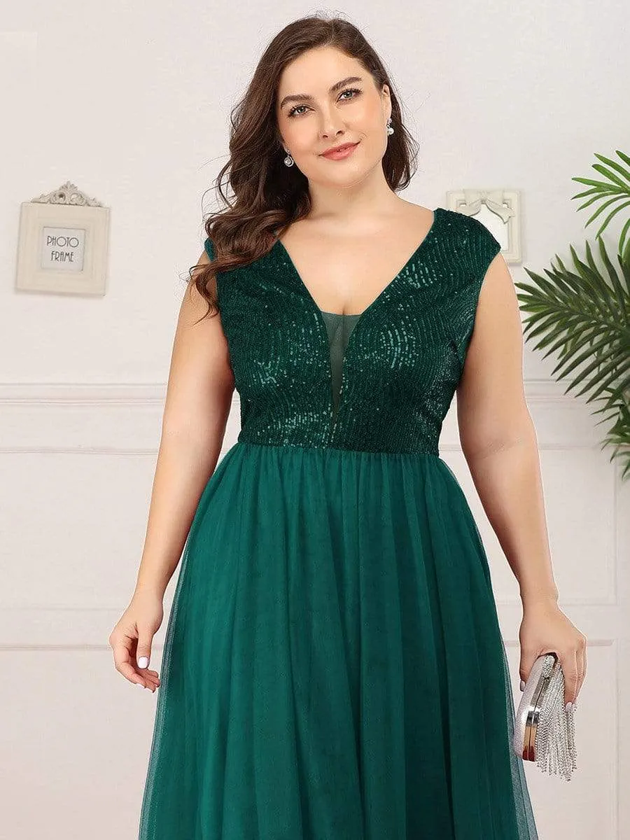 Plus Size Maxi Long Sequin Prom Dress with Cap Sleeve