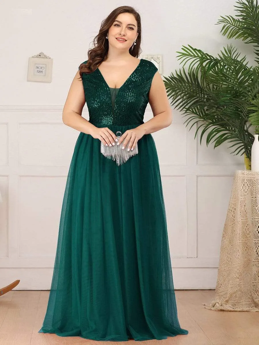 Plus Size Maxi Long Sequin Prom Dress with Cap Sleeve